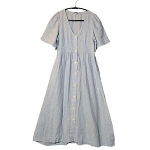 Madewell Cassie 100% Linen Button Front Midi Dress Blue Stripe XS Summer Coastal